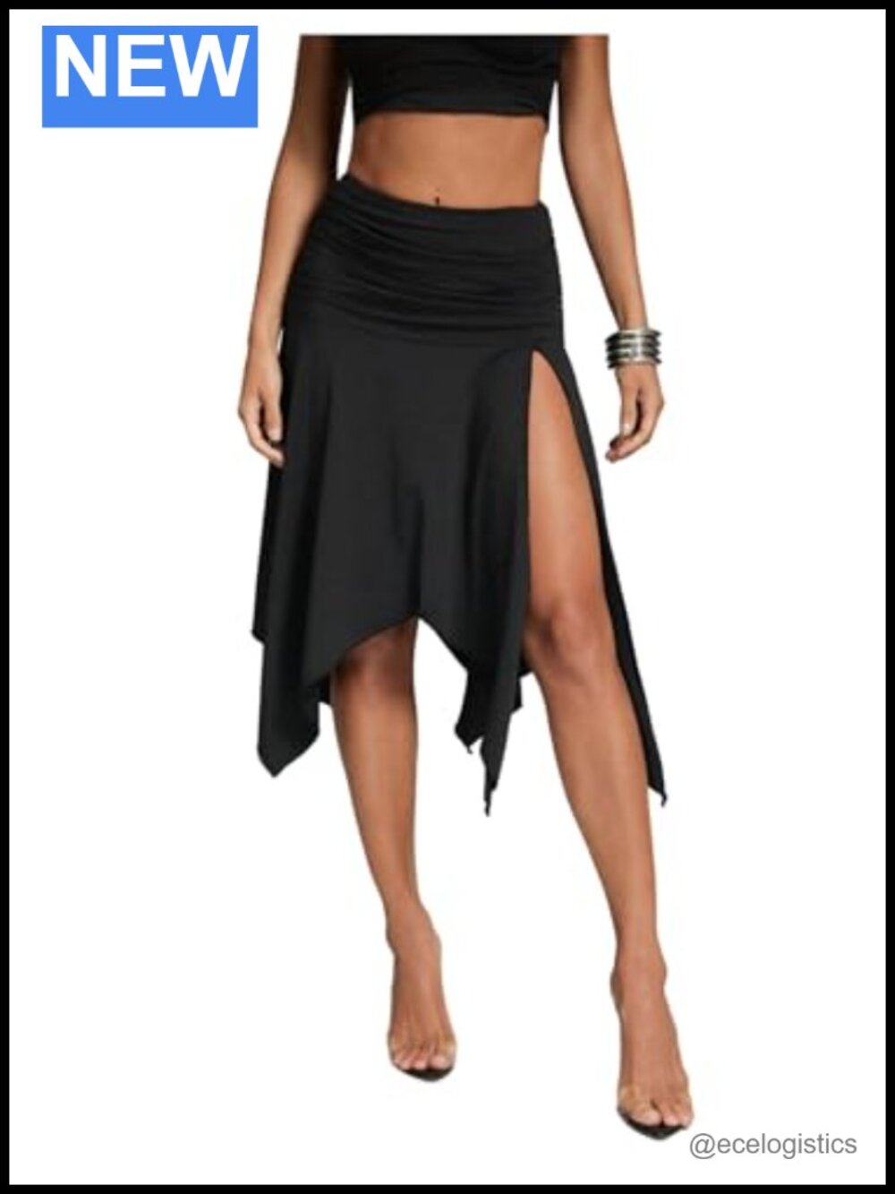 Y2K High Waist Ruched Asymmetrical High Slit Knee Length Skirt